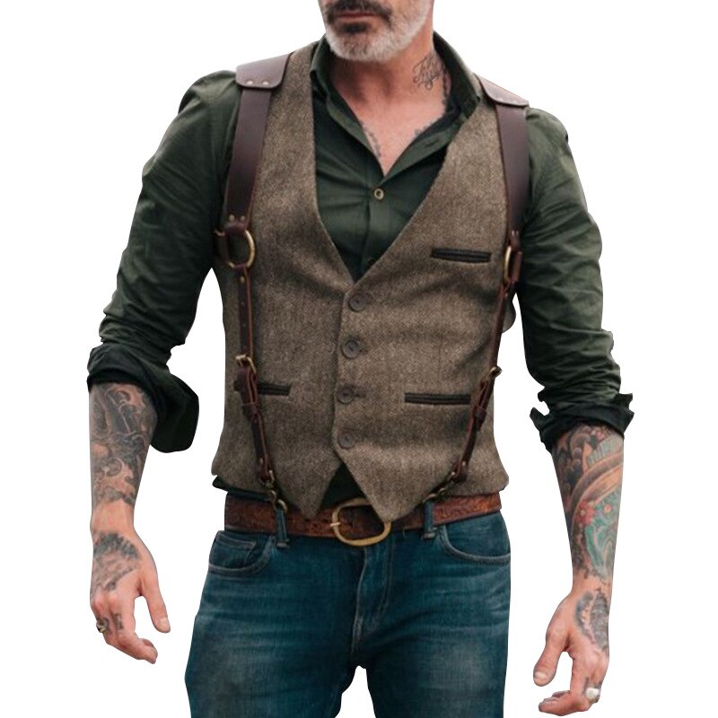 Wildleder herren anzug westen männer braun weste weste mann steampunk jacke gestreiften Tweed v-ausschnitt schlank passen gilet hochzeit kleidung