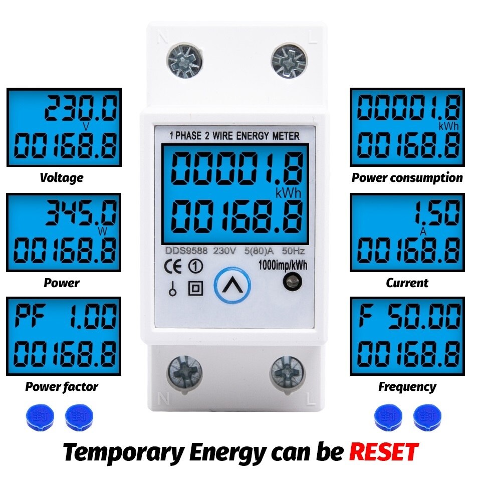 Lärm Schiene Digital Single Phase zurücksetzen Null Energie Meter kWh Spannung Strom Energie Verbrauch Meter Wattmeter Strom AC 220V