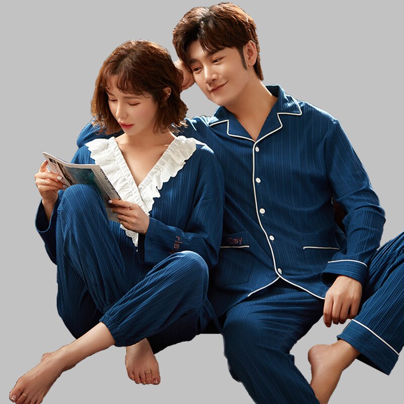 Frühling Herbst Neue Reine Baumwolle Paar Pyjama einstellen Koreanische Stil Revers Hals Komfortable Zwei-stück Anzug Mens Pyjama und nachtwäsche