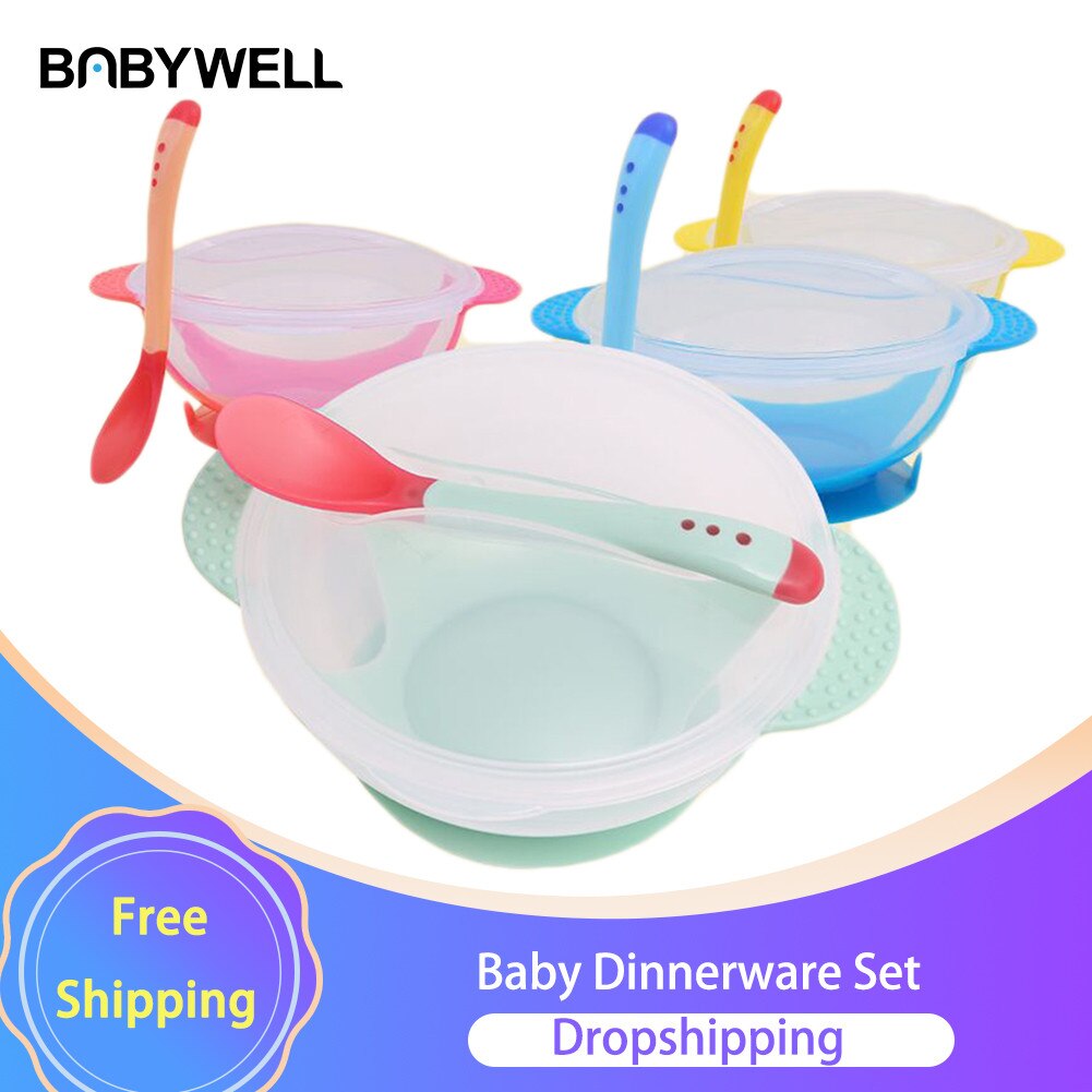 Baby Lernen Gerichte Mit Saugnapf freundlicher Sicherheit Geschirr einstellen Unterstützen Schüssel Temperatur spüren Löffel Geschirr ausbildung Schüssel