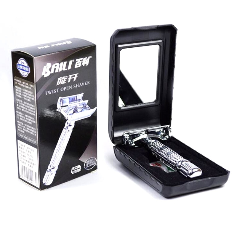BAILI BD179 Barbier Sicherheit Klinge Rasierer rasierer Doppel Rand Schmetterling Twist Öffnen T-Förmigen unisex + 1 Klinge 1 reise fallen mit Spiegel