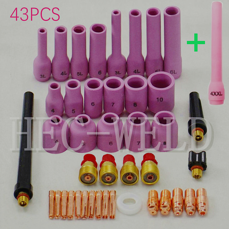 43Stck 42PK + 1PK extra Längste lözehn eisen gsgTIG Gas Objektiv Bausatz passen Perücke-schweißbrenner SR WP9 20 25,43PK Zurück Deckel Collet Körper