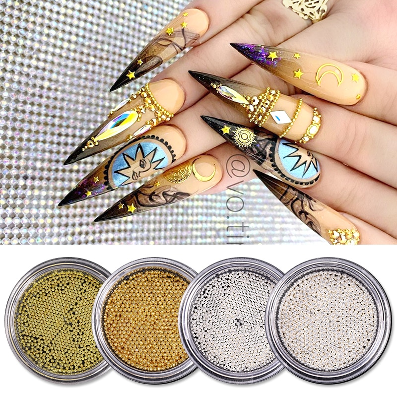 0,8mm/1,0mm Mini Kleine Edelstahl Perlen NäGel Kunst Dekorationen Pistole Gold Silber Kaviar DIY Werkzeug Nagel stollen Zubehör