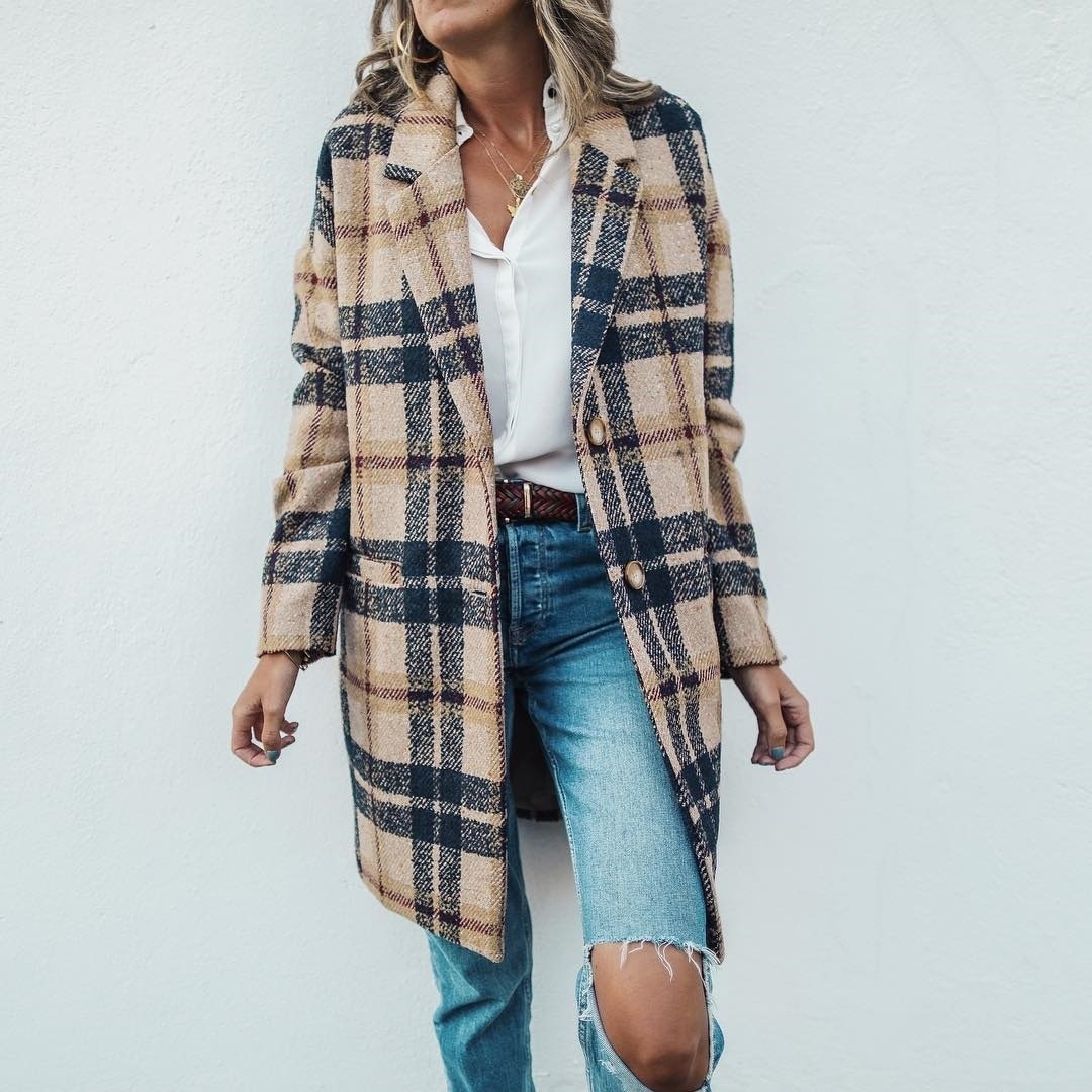 Herbst Kleidung für Frauen Plaid Druck Lange Jacke Revers Graben Mantel Mantel Winter Wolle Mantel Frauen abrigos mujer