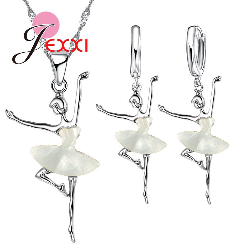 Elegante Weiße Kleid Ballett Tanzen Mädchen 925 Sterling Silber Anhänger/Halskette/Ohrringe Schmuck-einstellen SchöNe Schmuck einstellen