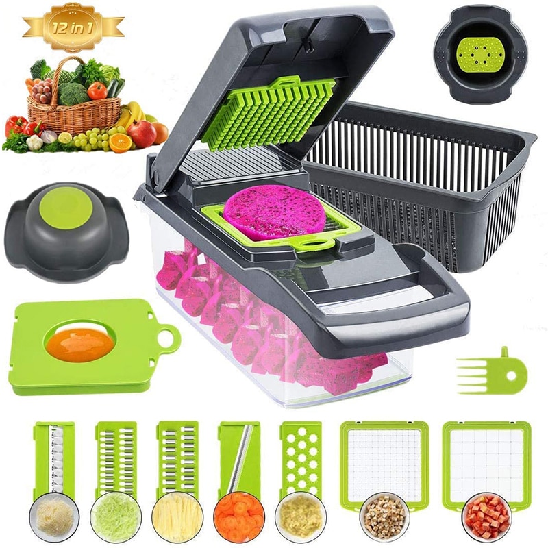 Gemüse Zerhacker Schneidemaschine Dicer - 12-in-1 Obst Cutter Schneidemaschine essen Cutter mit 7 Edelstahl Klingen mit Lagerung Container