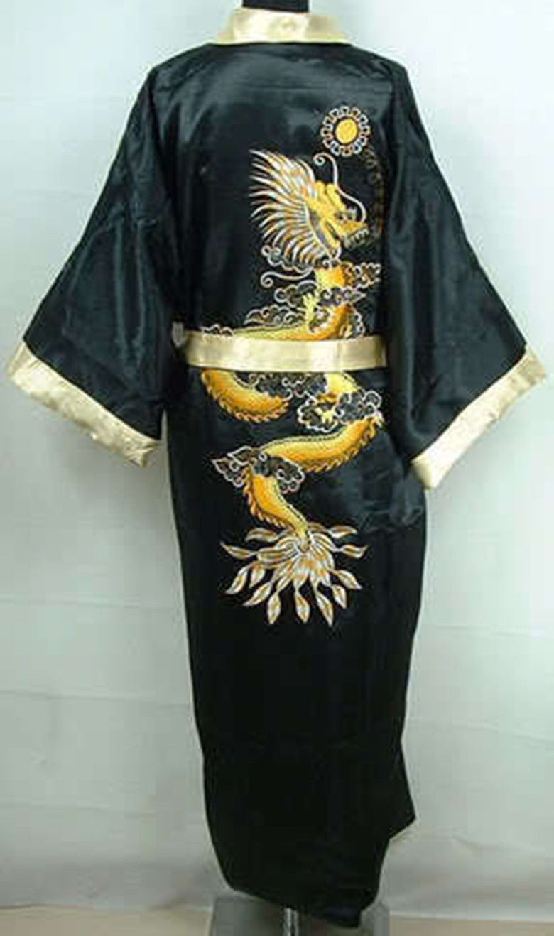 Goldene Doppelseitige Stickerei Drachen Männlichen Lange Kleid Chinesischen Männer die Seide Satin- Drache Kimono-Kleid-kleid reversibel bademantel