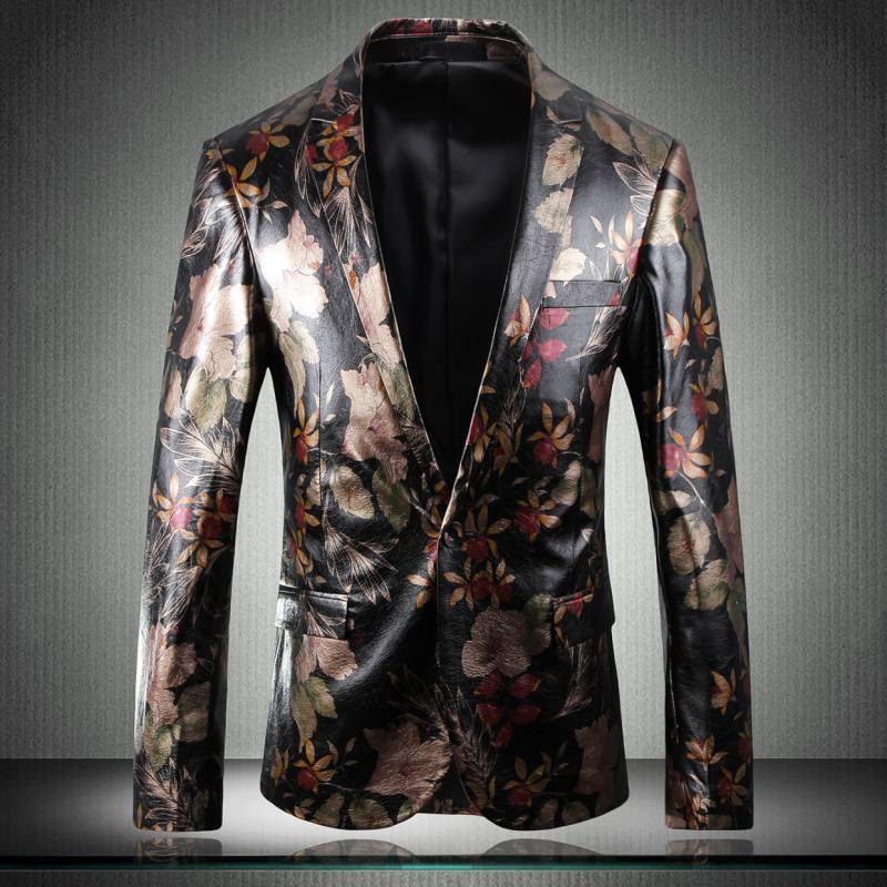 MIXCUBIC Herbst England stil blume gedruckt PU leder anzug männer beiläufige Dünne Digital gedruckt PU leder anzug für männer 48-60