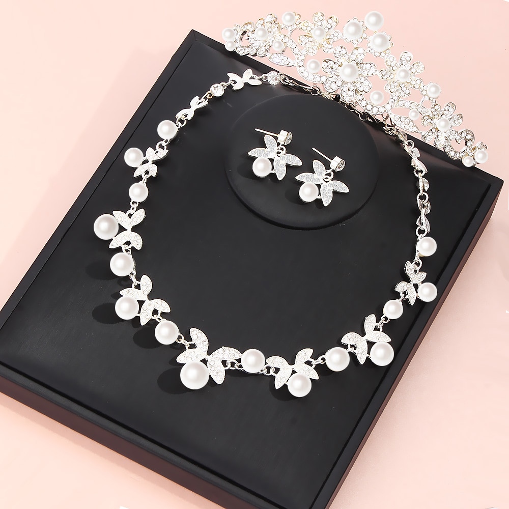 FARLENA Hochzeit Schmuck einstellen Kristall Perle Halskette ohrringe und Krone für Frauen Zubehör Braut Schmuck setzt