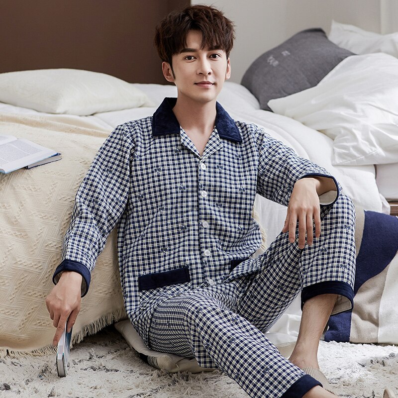Herbst Winter Pyjama einstellen Männer der Kleidung Plaid Pyjama Winter Baumwolle Verdicken Warme Nachtwäsche lässig Homewear Plus Größe XXXL