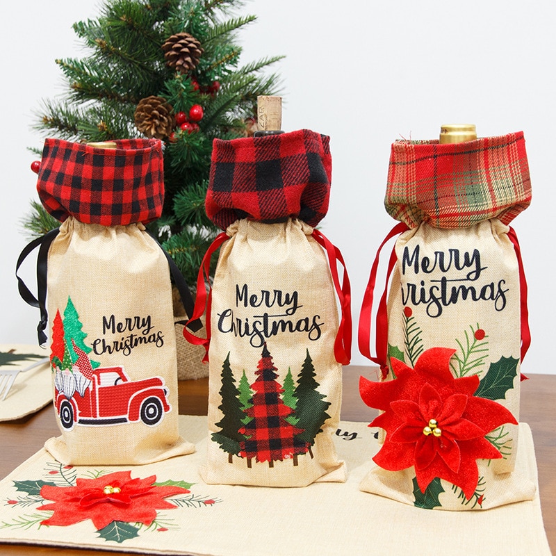 Wein Flasche Abdeckung Sackleinen Plaid Tasche Hause Weihnachten Dekoration verrotten Wein