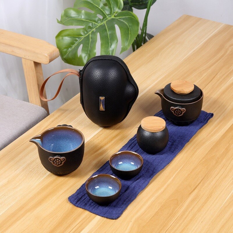 Keramik Kung Fu Tee-einstellen Tee Teegeschirr Topf und Tasse einstellen Tee Caddie retro draussen Reise Schwarz matt Tee-einstellen