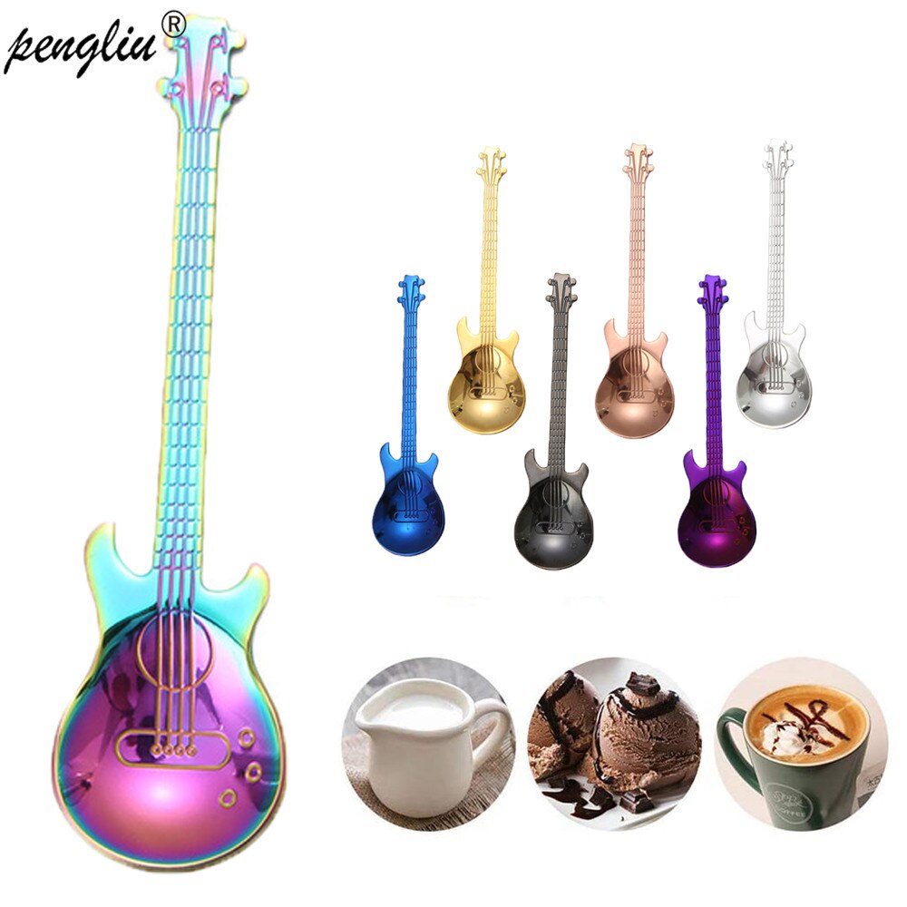 1PC Edelstahl Gitarre Kaffee Teelöffel Nette Tee Löffel Rühren Nachtisch Neue SchöNe 7 Farben Kaffee Tee Einsatz