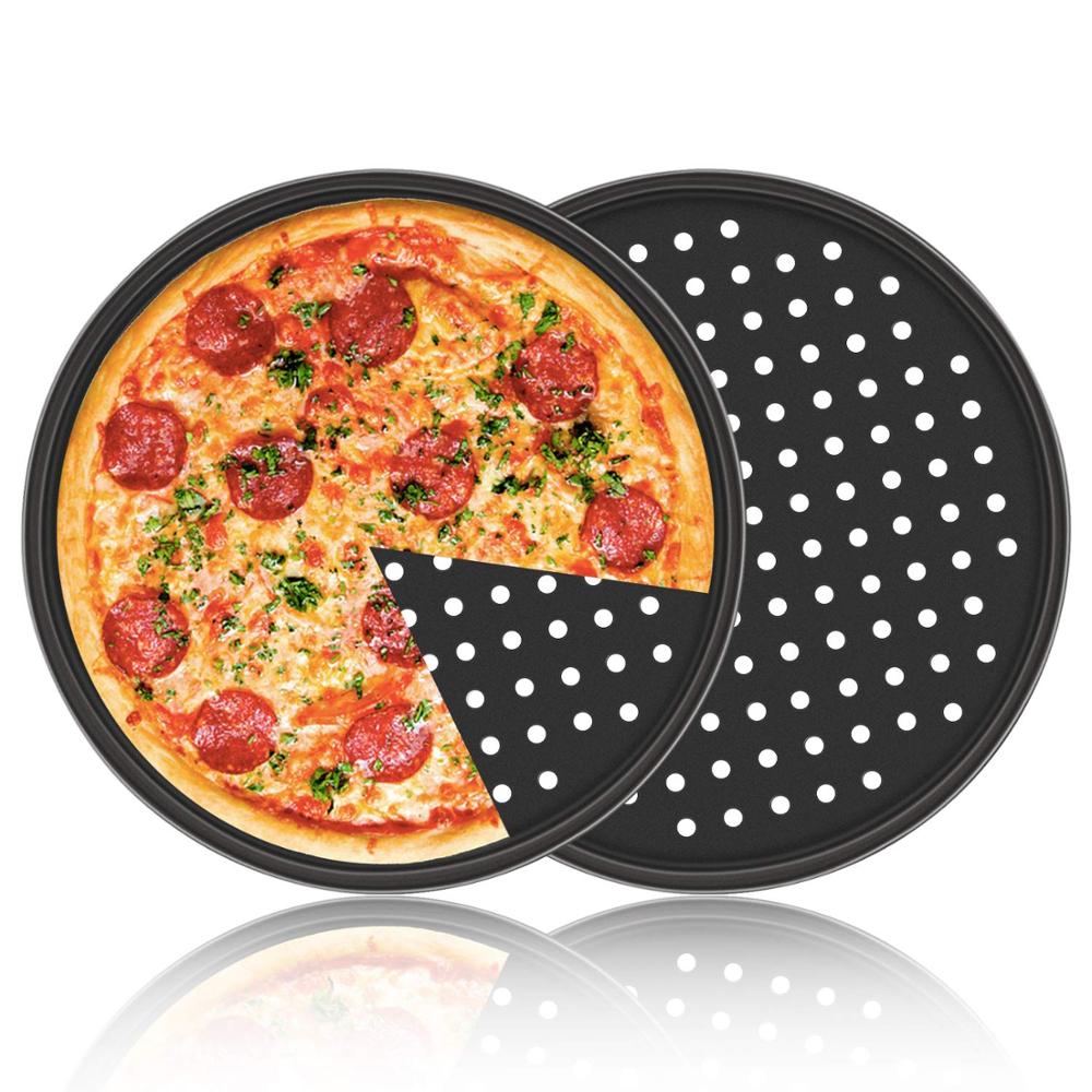 12 zoll Pizza Pfanne mit Löcher Kohlenstoff Stahl Perforierte Backen Pfanne Runde Pizza Knusprigen Kruste Tablett Backformen einstellen Kochen Zubehör