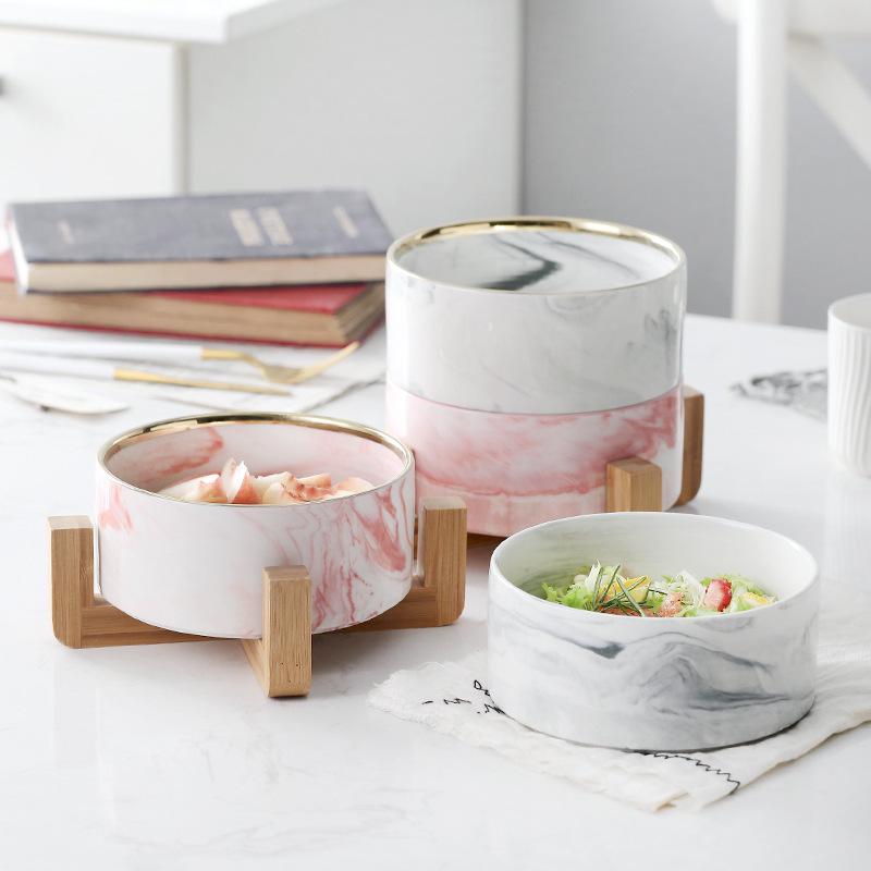 nordisch Keramik Salat Schüssel Geschirr mit Bambus Regal Eis Tasse Paare Schüssel Obst Snack Süßigkeiten Salat Platte Küche Werkzeuge