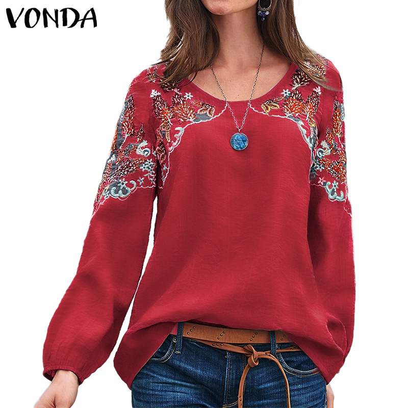 Hemden VONDA Herbst Frauen Blusen Jahrgang Gedruckt Lange Hülse Party Hemden Femme Frühling Spitzen Übergroßen Böhmischen Blusas