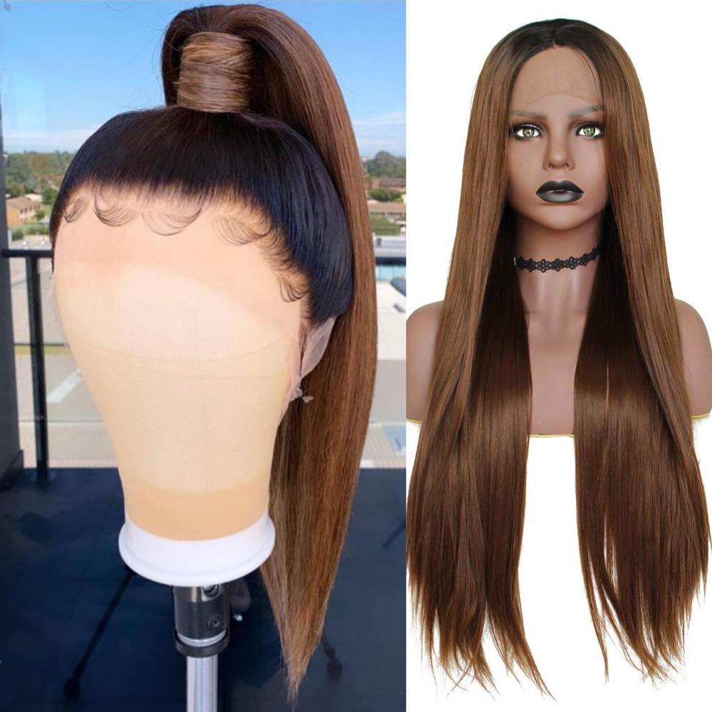 DLME Ombre Braun Synthetische Spitze Vorne Perücke Natürliche Gerade Haar Perücken Für Frauen Hohe Temperatur Faser Tägliche Perücke