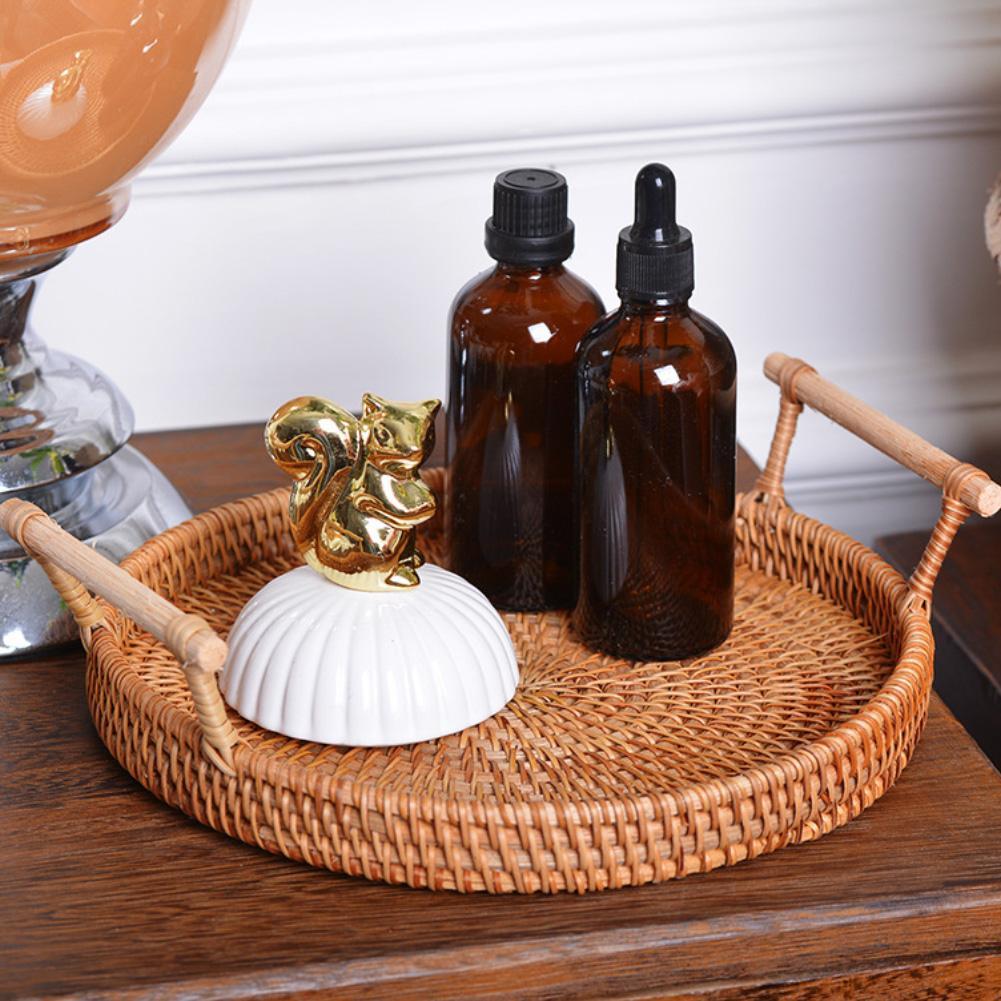 Hand-gewebte Runde Rattan Tablett Obst Snacks Lagerung Korb Organizer mit Griff Für Frühstück Trinken Kaffee Tee Hause Dekoration