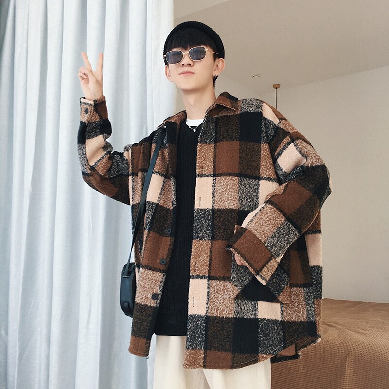 Plaid Shirt Männer Lässig verlieren Wolle Jacke Mantel Mann Herbst Neue Streetwear Männlichen Kleidung Lange Hülse hemd