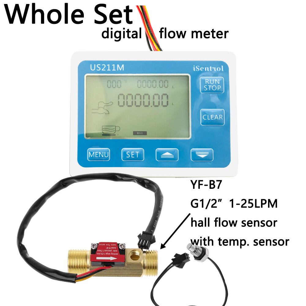 uns211M Wasser fließen Meter und YF-B7 Halle Wasser fließen Sensor Durcheinander 1-25L/min DC 24V Turbine Durchflussmesser mit NTC50K Temperatur