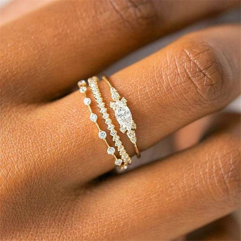 3 stücke Weibliche Crysdtal Stein Ring einstellen Charme Gold Farbe Dünne Hochzeit Ringe Für Frauen Nette Braut Blatt Engagement Ring
