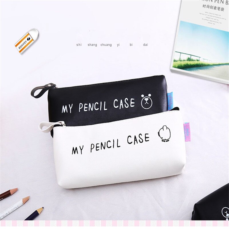 Karikatur Mein Bleistift fallen Bär Klassische Schwarz Weiß Wasserdichte Pu Leder Schule Schreibwaren Stift Reise Kosmetik Tasche Bleistift Taschen