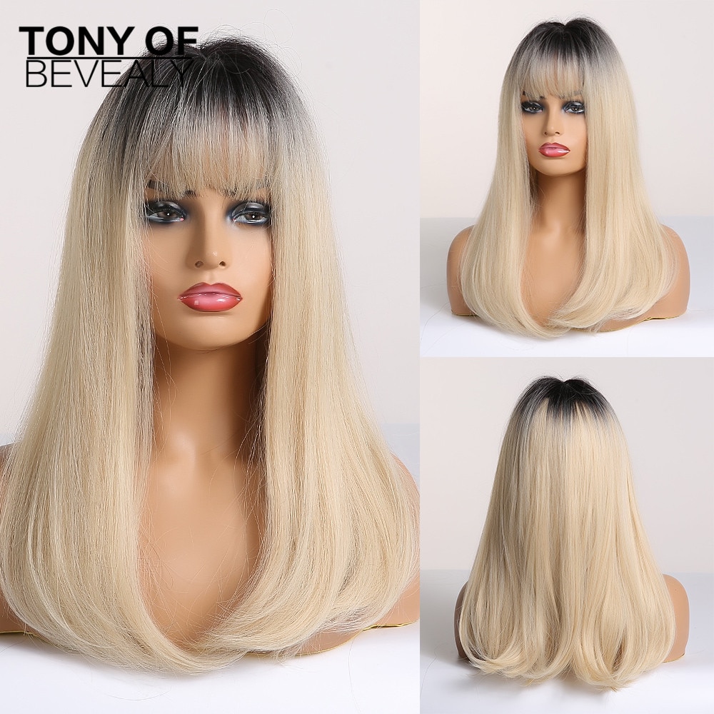 Lange Gerade Schwarz zu Beige Ombre Synthetische Perücken Mit Pony Für Frauen Natürliche Täglichen Partei Haar Perücken Hitze Beständig Faser