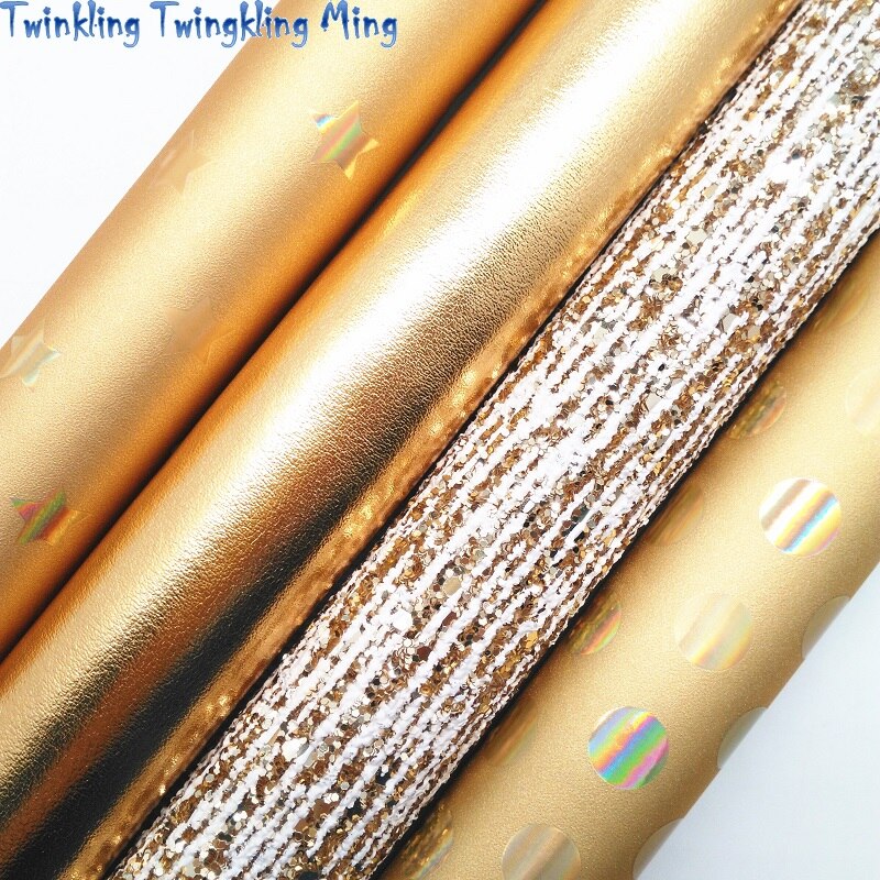 Gold klobig funkeln Leder, metallisch Faux Leder Synthetische Leder mit Sterne Punkte aufbringen 21x29CM Funkelnden Ming KM479