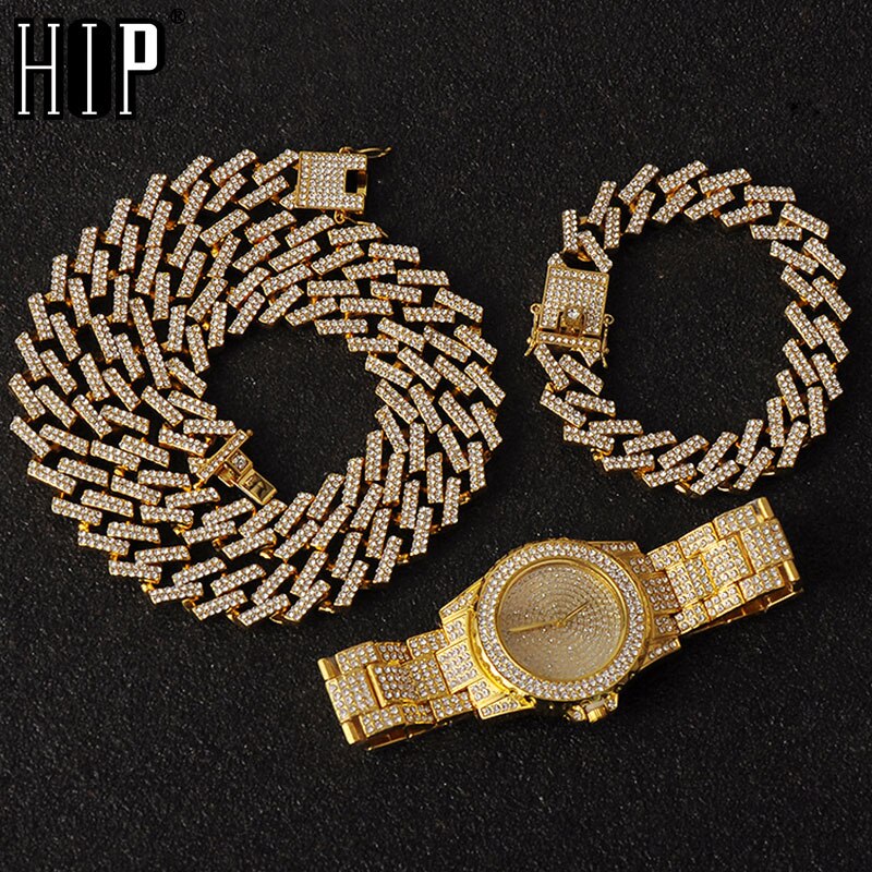 Hüfte hüpfen Halskette + Uhr + Armbinde Bling vereist aus Miami Zirkon Kubanischen Zinke Gepflasterte Strass Armbinde Halskette Für Männer schmuck