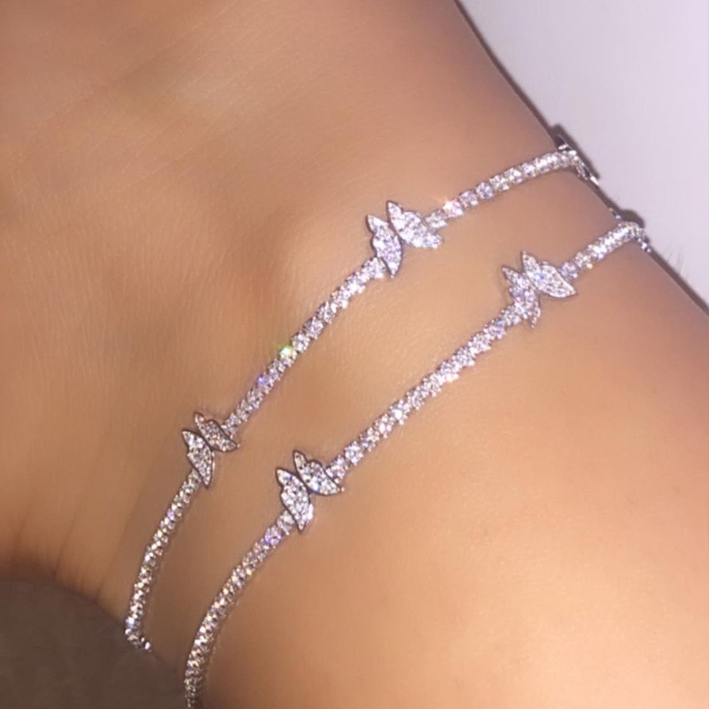 Strass Schmetterling Fußkettchen Für Frauen Zirkon Kristall Knöchel Armbinde Boho Strand Sandalen Fuß Armbänder Bein Kette Weiblichen Schmuck