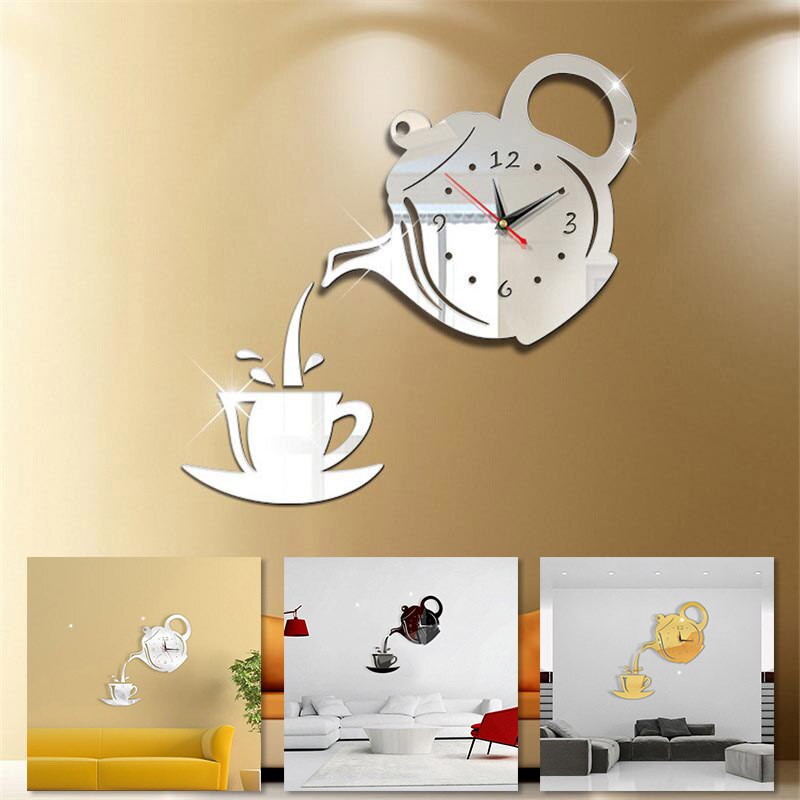 3D Acryl Spiegel Wanduhr Kreative DIY Kaffee Tasse Teekanne Wanduhr Hause Wohnzimmer Dekorative Selbst-Klebstoff Zauberstab uhren