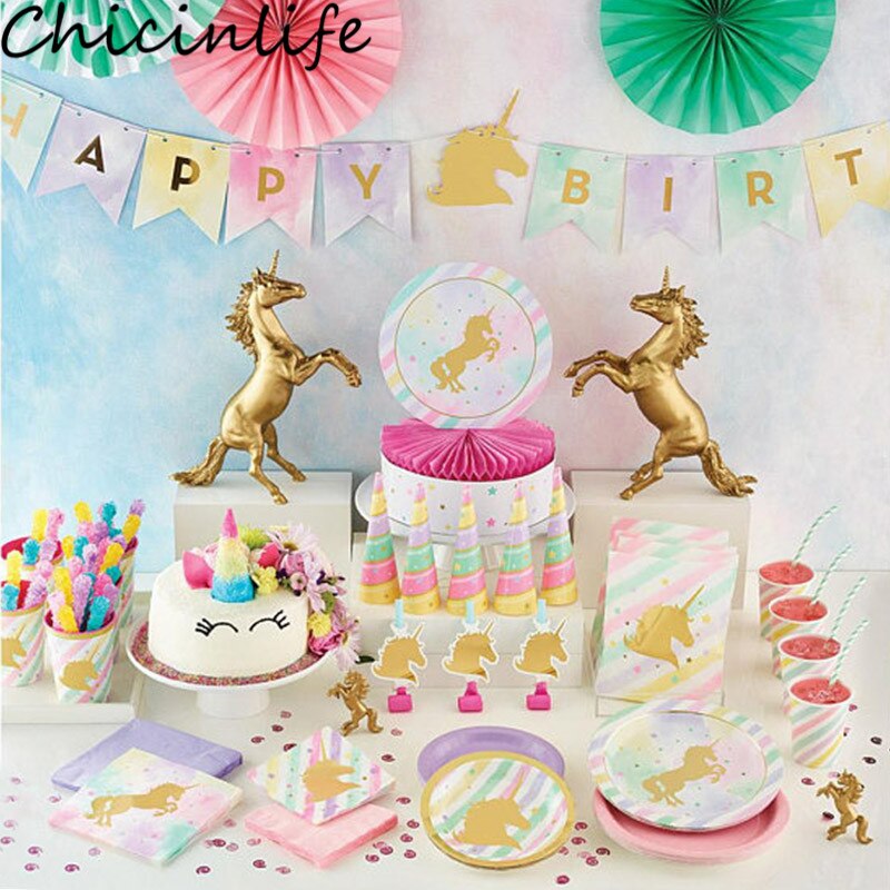 Chicinlife 1einstellen Einhorn Glücklich Geburtstag Banner/Pappbecher/Platten/Serviette/Tischdecke Baby Dusche Geburtstag Party Dekor Liefert