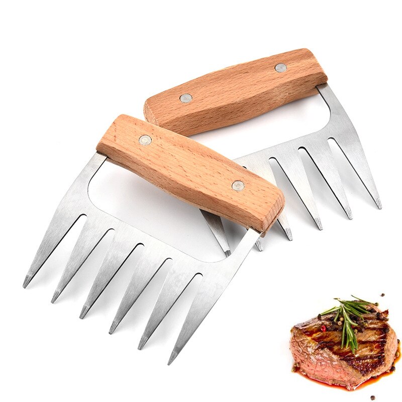 2 stücke Edelstahl Bär Klaue Geformt Fleisch Schredder Starke Scharf BBQ Grill Werkzeug Buche Holz Griff Wärme Beständig Grill gabeln