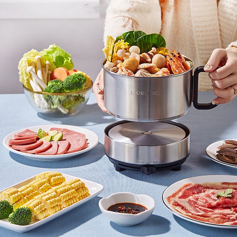 220V Elektrische Kochtopf Multifunktions Edelstahl Reiskocher Tragbare Teilt Typ Topf Küche Herde Für Haushalt Schlafsaal