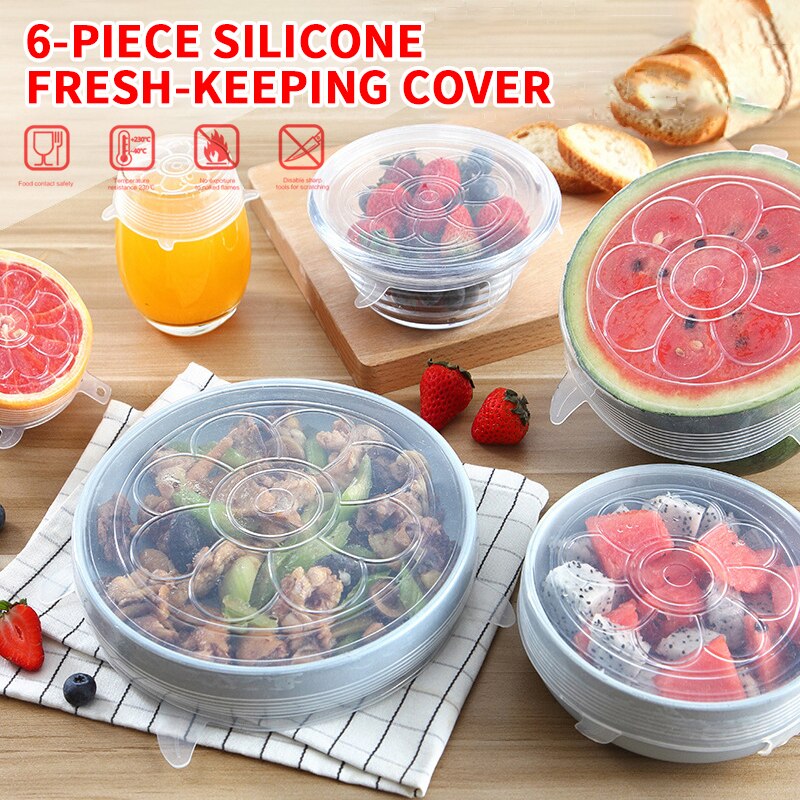 6 stücke Universal- Deckel Wiederverwendbare Silizium strecken Deckel Silikon Lebensmittel wickeln Schüssel Topf Deckel Pfanne Kochen Lebensmittel Frisch dichtung Abdeckung
