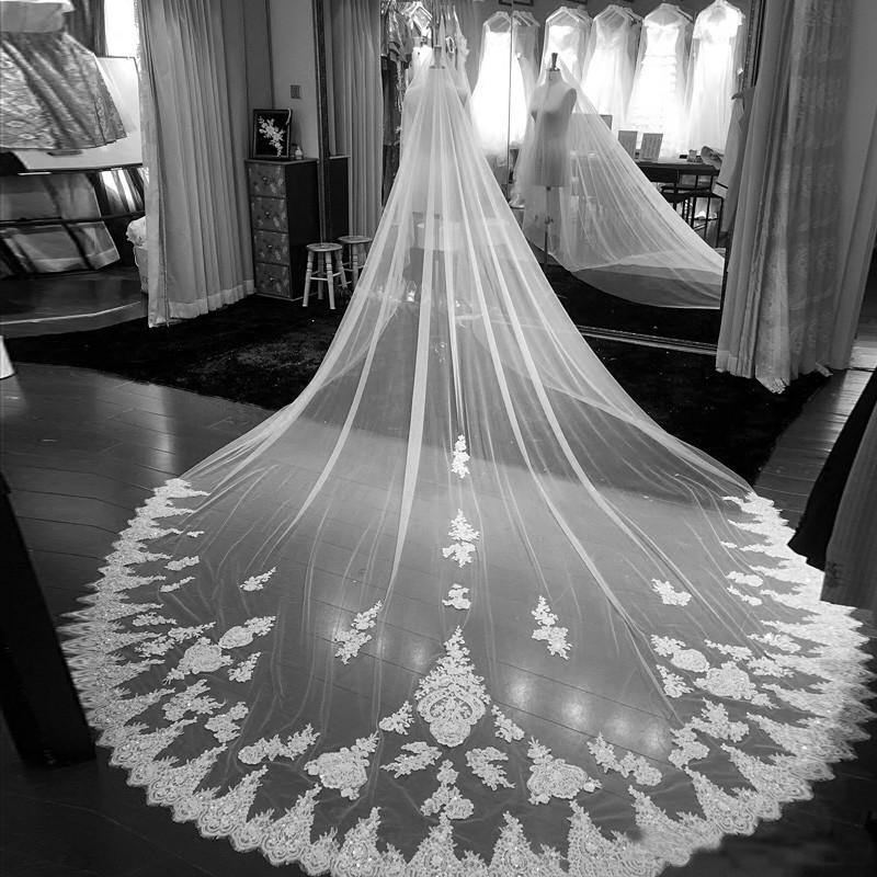 3M Länge Appliques Hochzeit Schleier Lange 1T Kathedrale Weiß Elfenbein Spitze Rand Braut Schleier mit Kamm Hochzeit Schleier 3M Breite