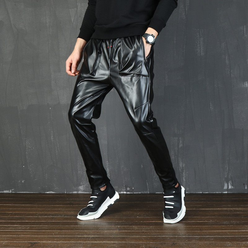 neue Punk Moto Faux Leder hosen Männlichen Harem Hosen Straße tanzen DJ Schlank Jogger Kordelzug Nacht Verein hosen