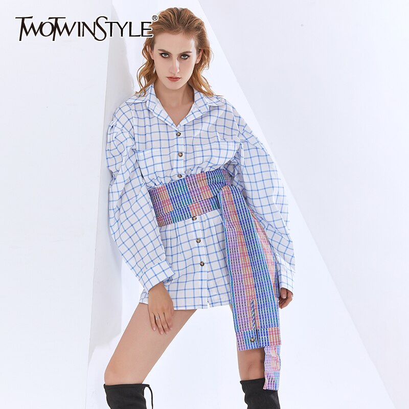 TWOTWINSTYLE Plaid Hemden Für Frauen Revers Kragen Langarm Schlag Farbe Patchwork Spitze hoch Elegante Blusen Weibliche Autunm Neue