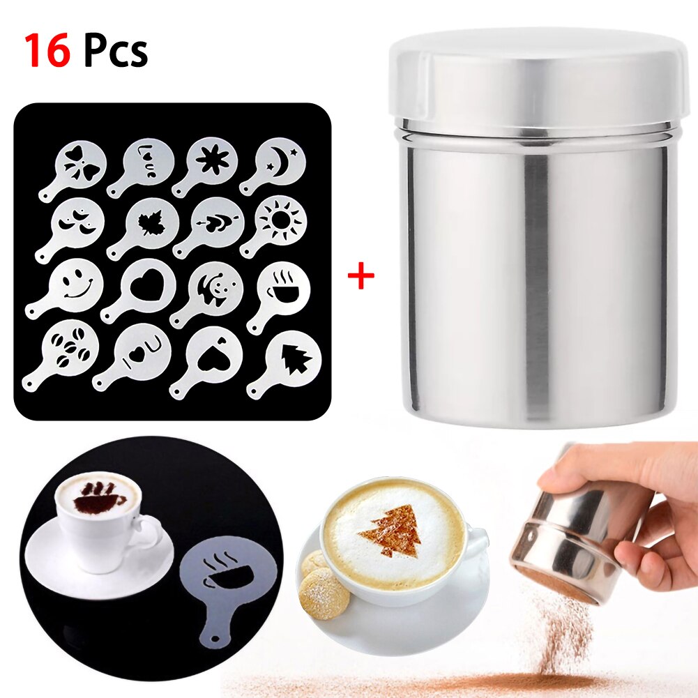 1pc Edelstahl Kaffee Staubtuch Kakao Pulver Kaffee Sieb 16Stck Kaffee Vorlage Verbreiten Blume matt sprühen Kunst Kaffee zubehör