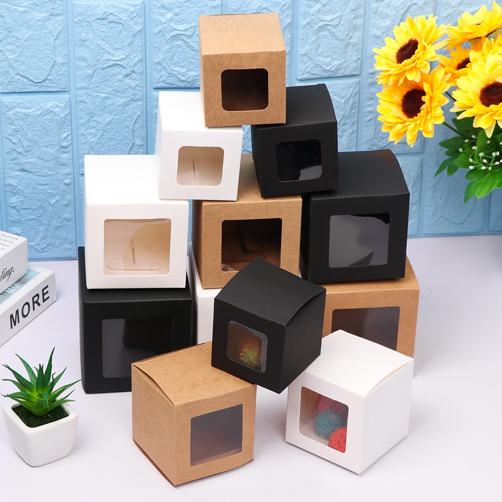 10Stck Weiß/schwarz/Braun Kraft Fenster Kasten Verpackung Boxen mit pvc fenster für Süßigkeiten/Kuchen/seife/Cookie/Cupcake Anzeige Kasten