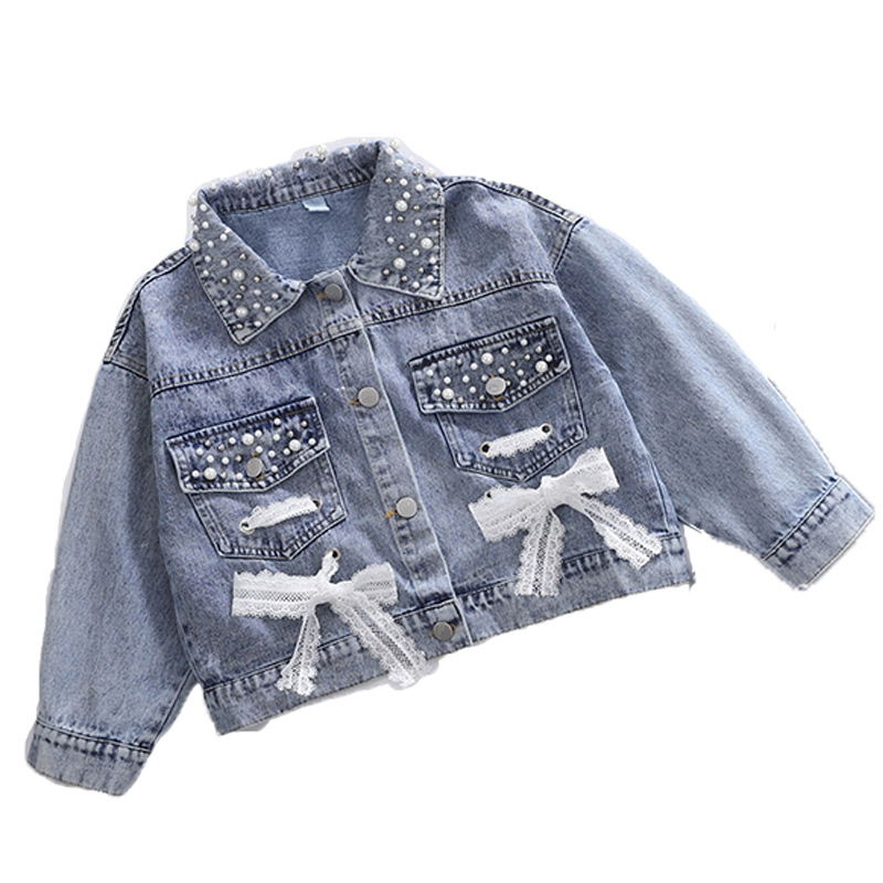 Neue Mädchen Denim Jacke Strickjacke Mantel Spitze freundlicher Jean Outwear Lange Hülse Herbst freundlicher Kleidung Frühling Mädchen Kleidung
