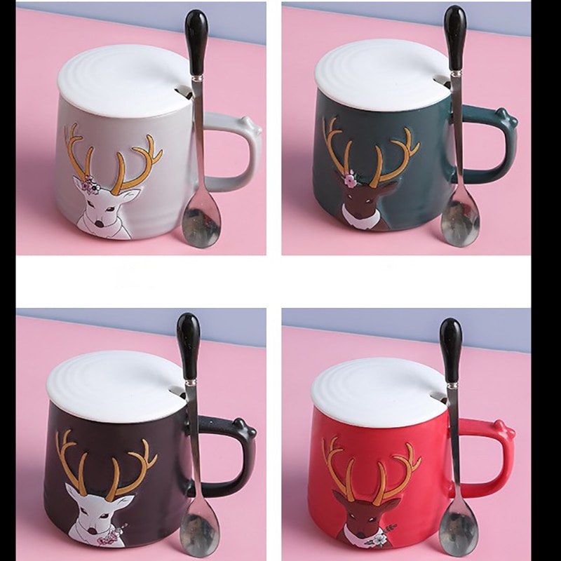 350ml Weihnachten Elch Tassen exquisit Keramik Kaffee Becher Mit Deckel Löffel, weihnachten Paar Tassen Für Mädchen/Jungen Freunde