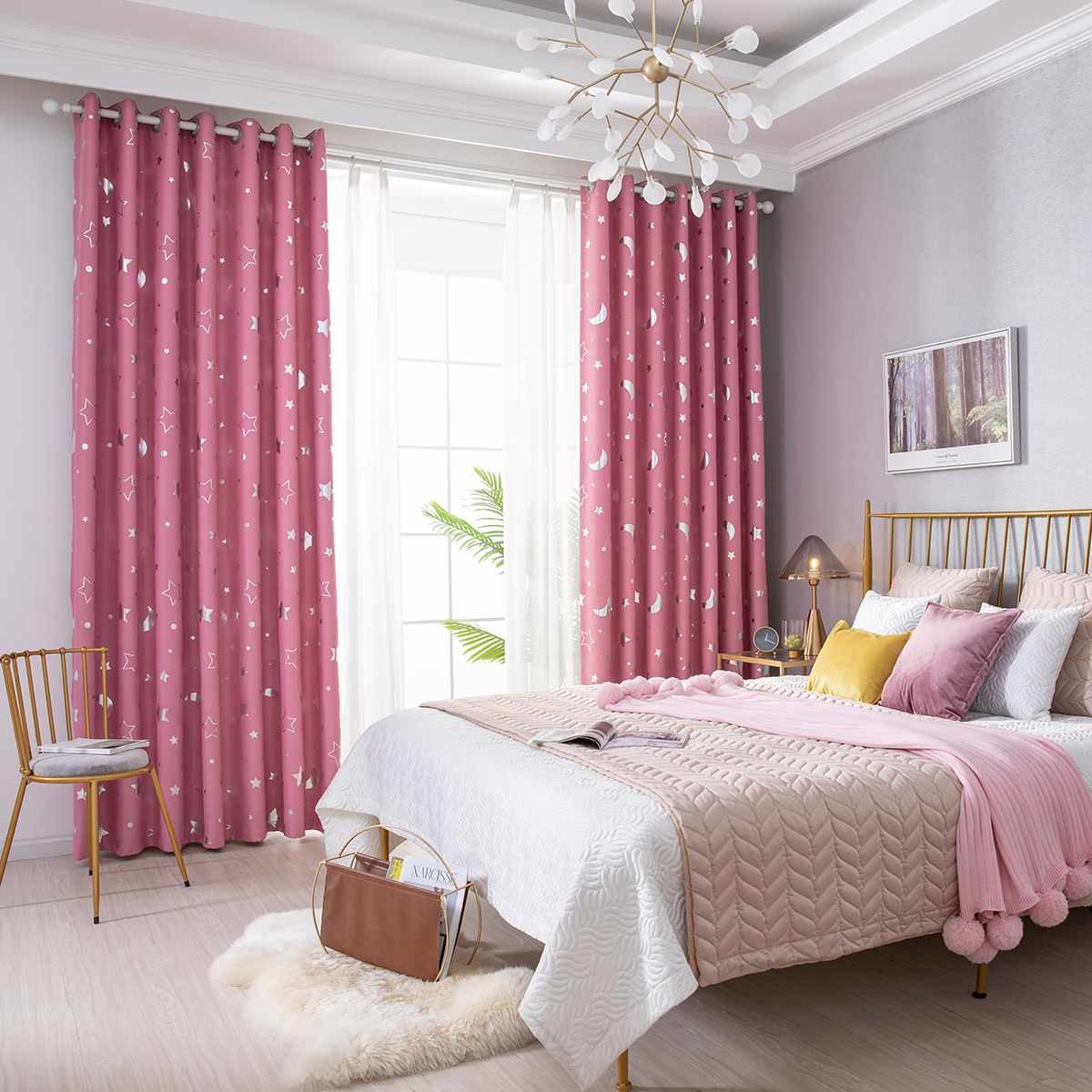 4 farben glänzend Silber Mond Sterne Schattierung Vorhänge für freundlicher Art Schlafzimmer Koreanische Stil Polyester Fenster Vorhänge für Wohnzimmer