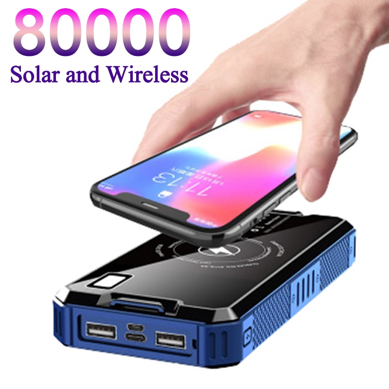 80000mAh Solar- Energie Bank Drahtlose Tragbare Telefon Solar- Batterie Pack Drahtlose Ladung Externes Ladegerät draussen Reise Energie