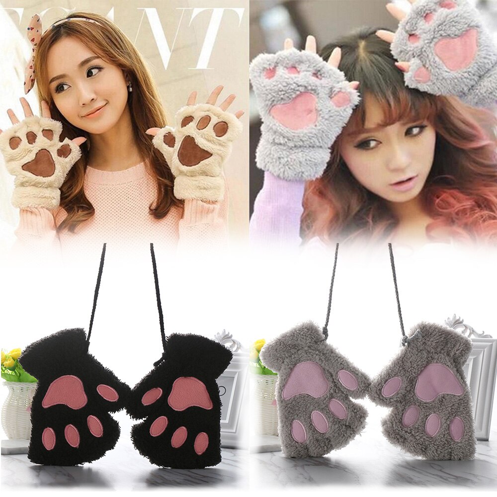 1 paar Flauschigen Bär/Katze Plüsch Pfote/Klaue Mädchen Handschuhe Neuheit Halloween Weiche Frottee Halb Überdachte frauen handschuhe Fäustlinge Finger