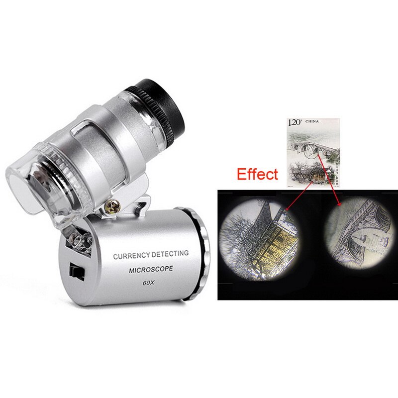 Heißer Mini 60X Mikroskop Vergrößerungs mit 2 LEDs und UV-Licht Tasche Schmuck Lupe Juwelier Lupe Zoomen Werkzeug