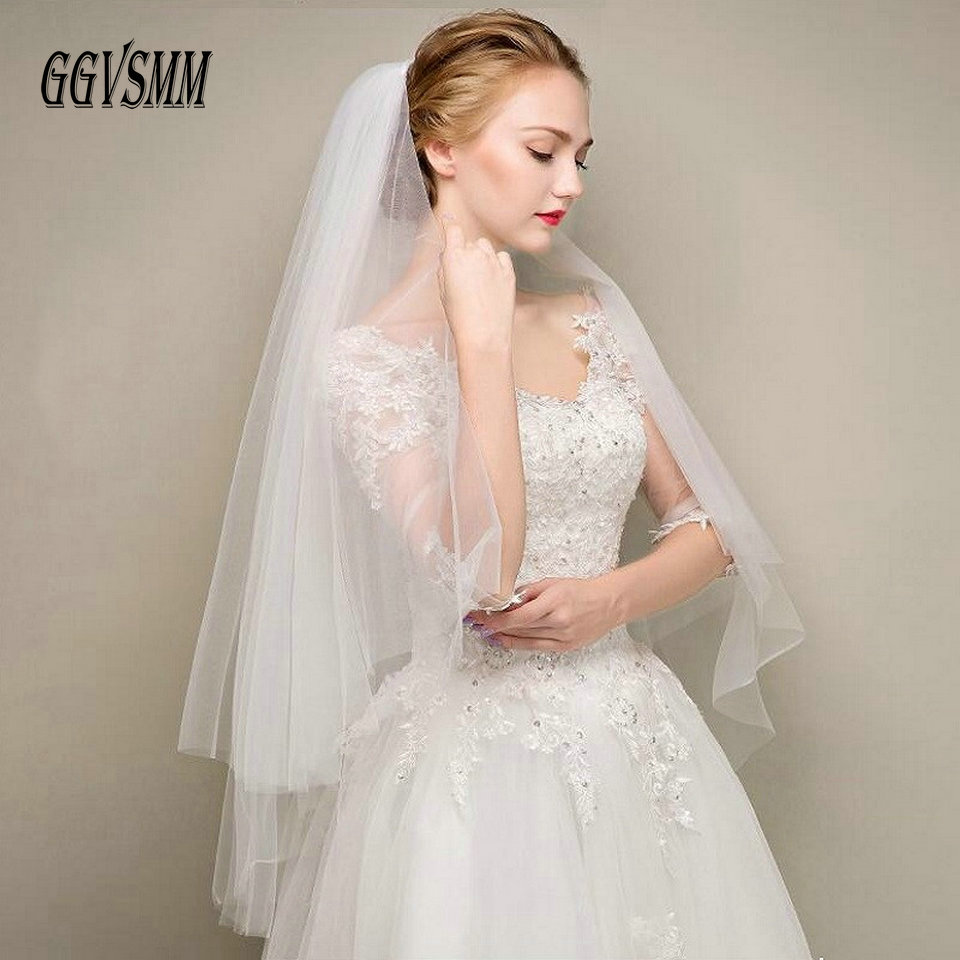 Einfache Zwei Schichten Kurze Tüll Weiß Hochzeit Schleier Billig Elfenbein Braut Schleier für Braut für Mariage Hochzeit Zubehör Kamm