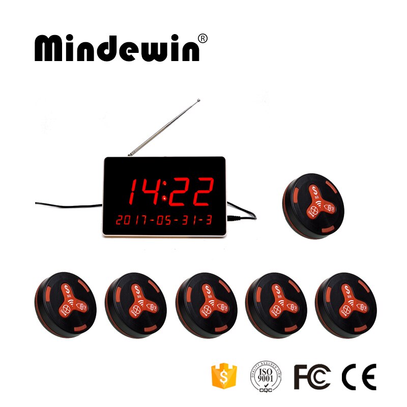Mindewin kabellos Aufruf System 1pc LED-anzeige Empfänger M-R-1 und 6 stücke Kellner Rufen Geschmack M-K-3 kabellos Kellner Pager System