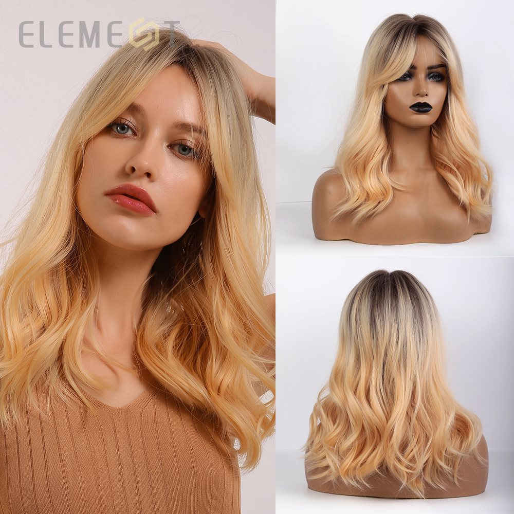 Element Synthetische Lange Natürliche Welle Haar Ombre Goldene blond Perücken mit Pony Wärme Beständig Faser für Weiß/Schwarz Frauen