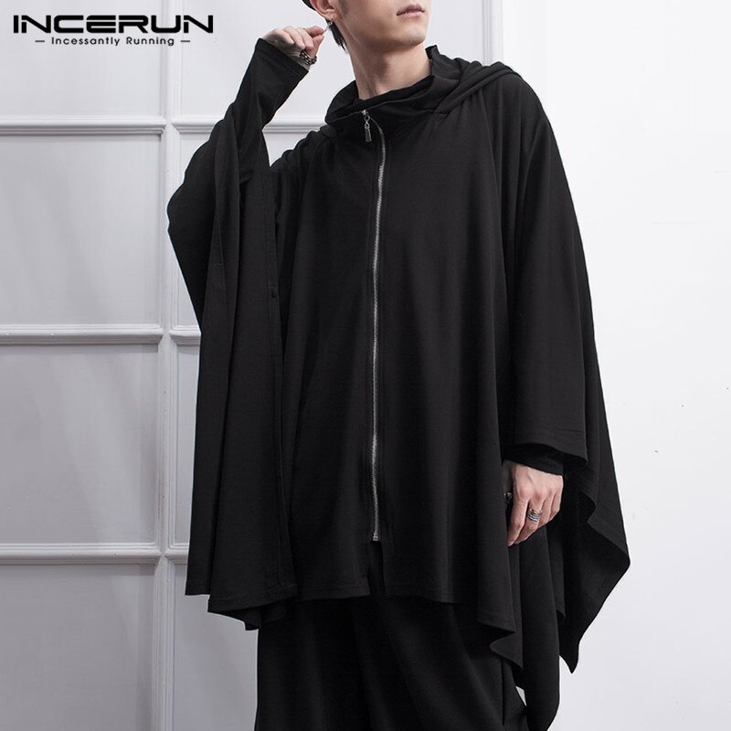 INCERUN verlieren Schwarz Winter Lange Ärmel Reißverschluss Oberbekleidung Streetwear Unregelmäßigen Kap Mantel Männer lässig Mit Kapuze Mantel Mantel 5XL7